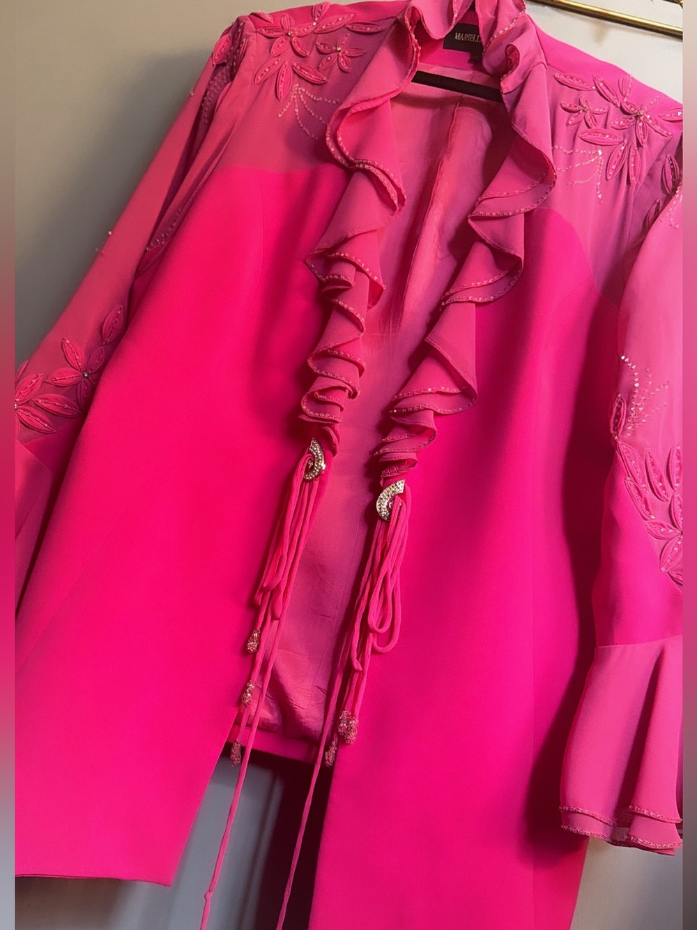 Oversized Hot Pink Embellished Statement Jacket | Ruffle Bell Sleeve  2XL